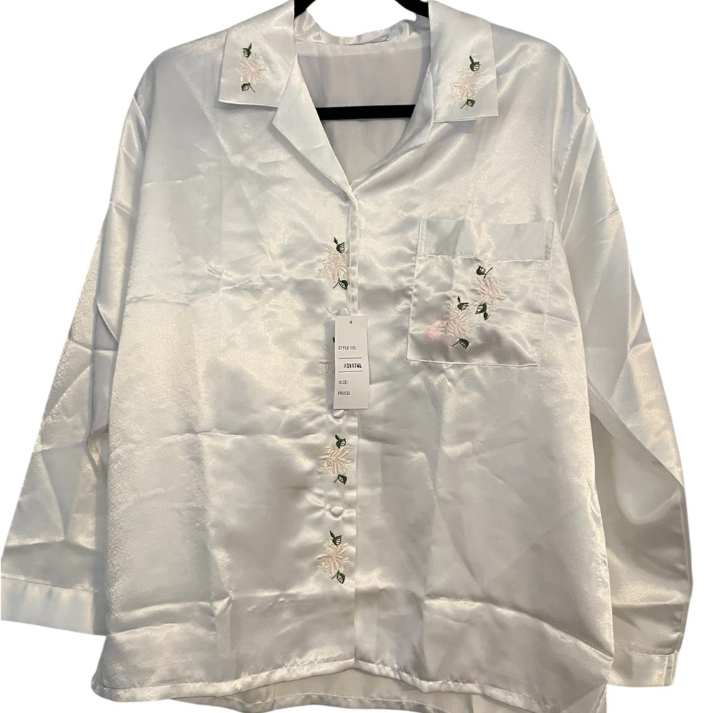 White Satin Embroidered Button-Up Shirt size medium new with tag